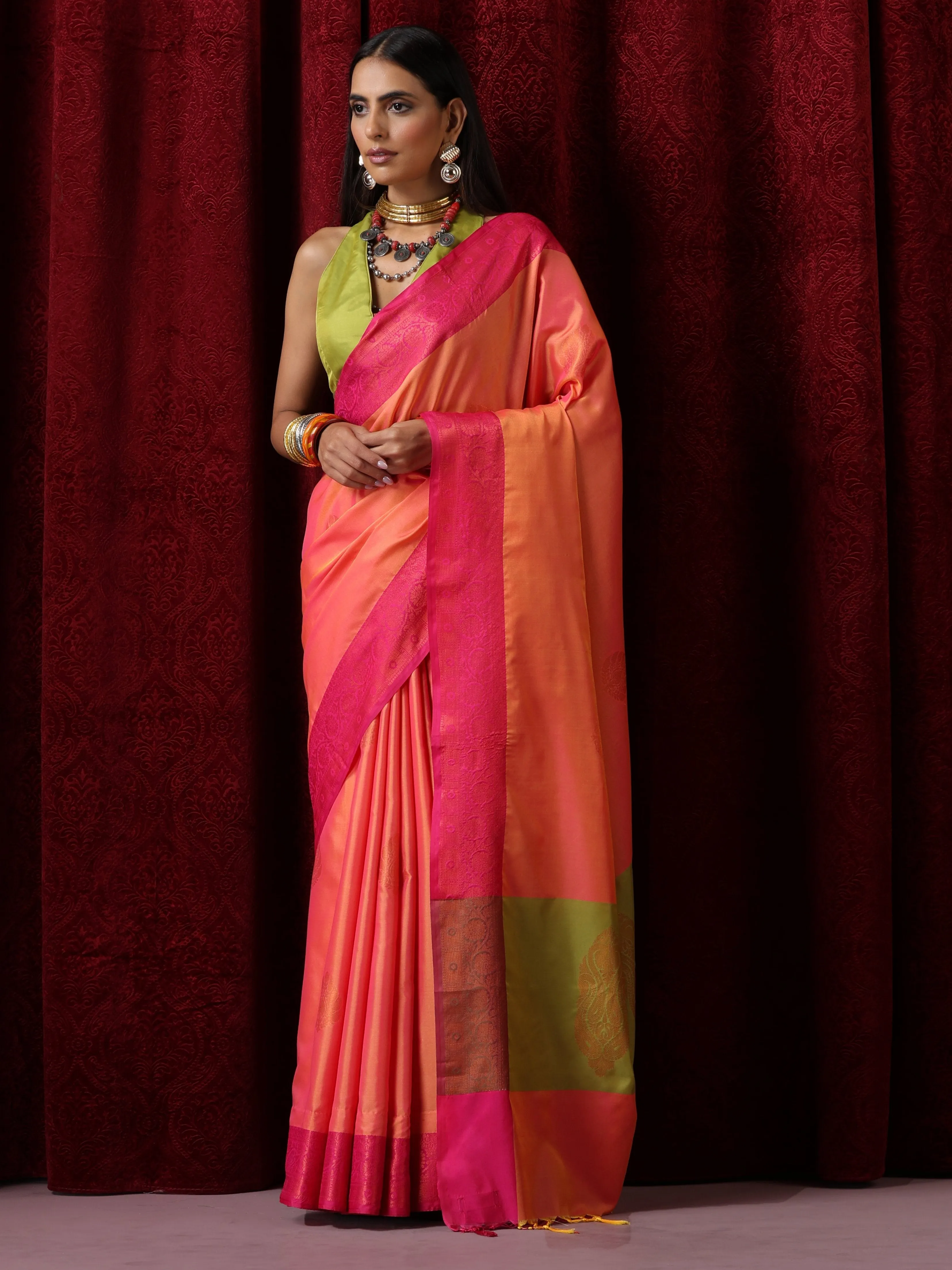 Orange Red Blended Soft Silk Saree with Blouse Fabric