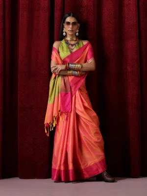 Orange Red Blended Soft Silk Saree with Blouse Fabric