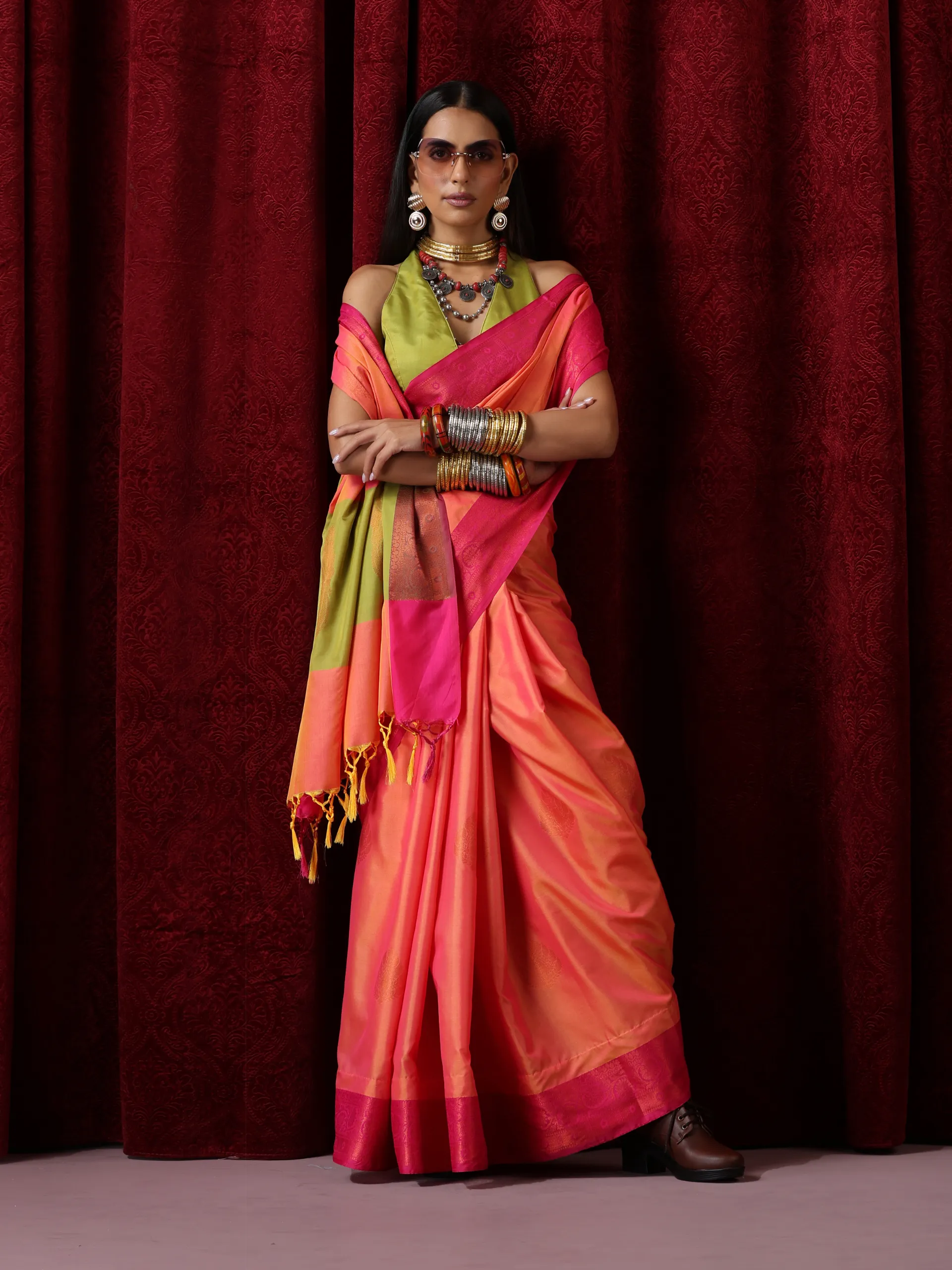 Orange Red Blended Soft Silk Saree with Blouse Fabric