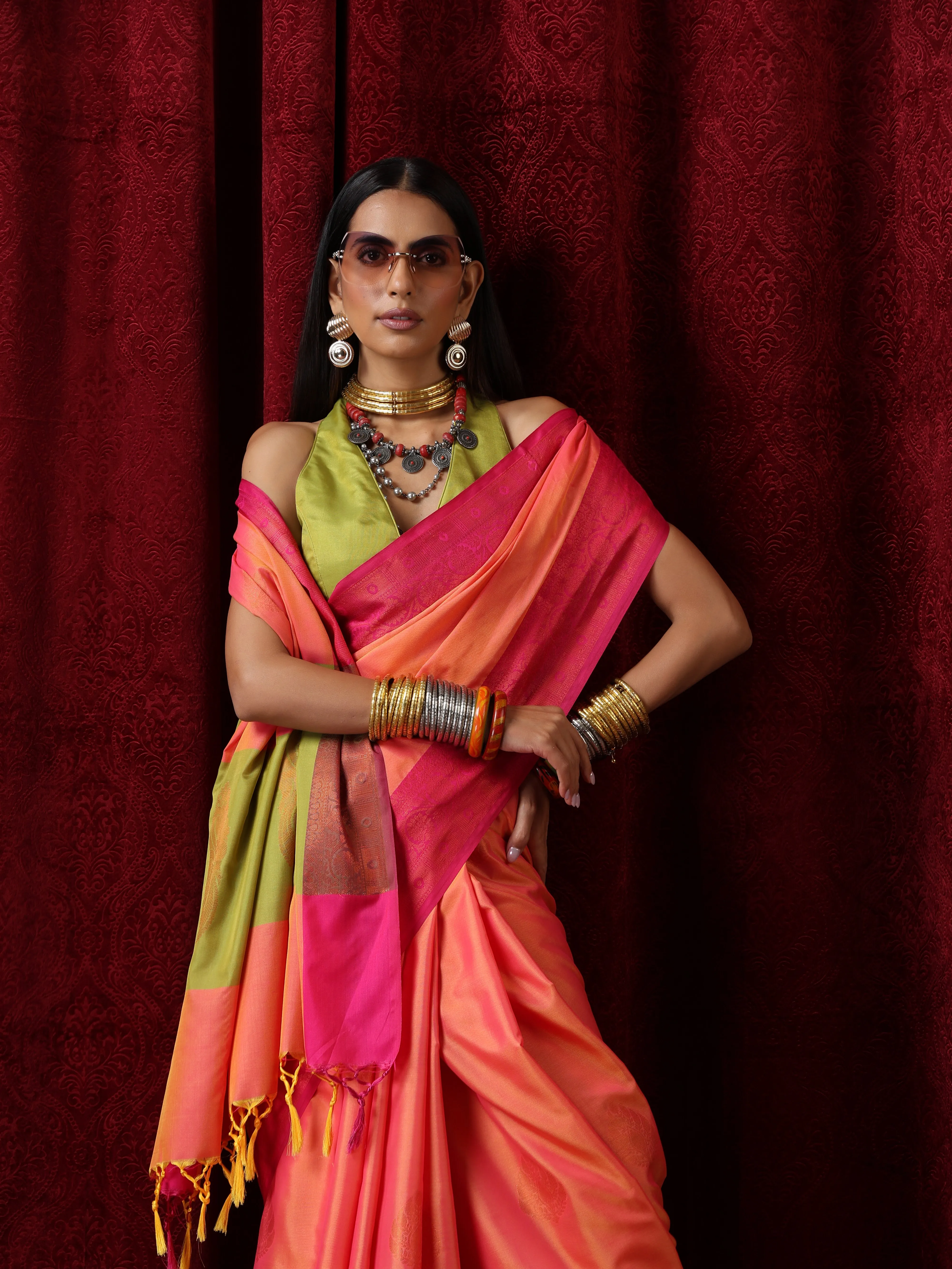 Orange Red Blended Soft Silk Saree with Blouse Fabric