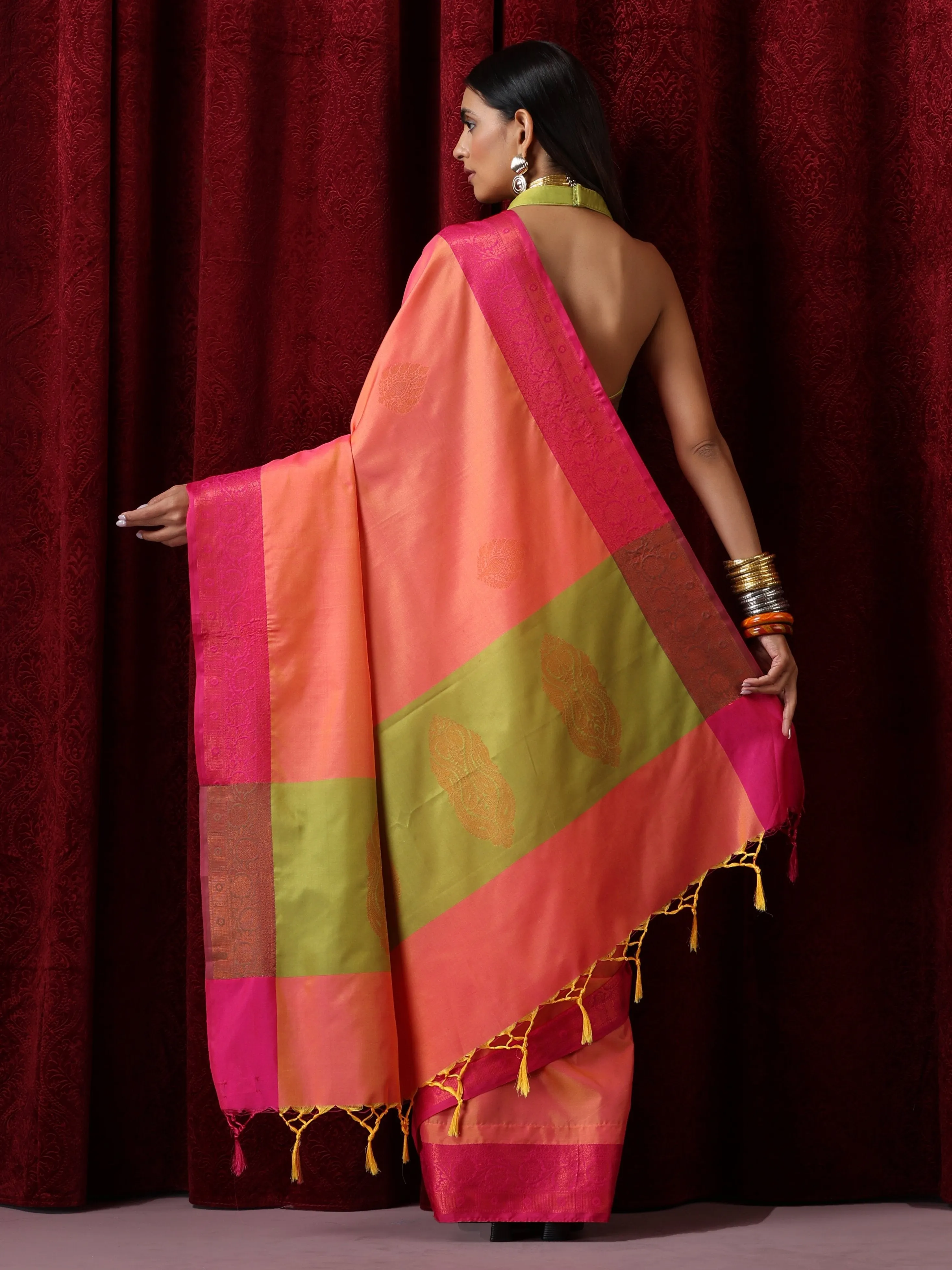 Orange Red Blended Soft Silk Saree with Blouse Fabric