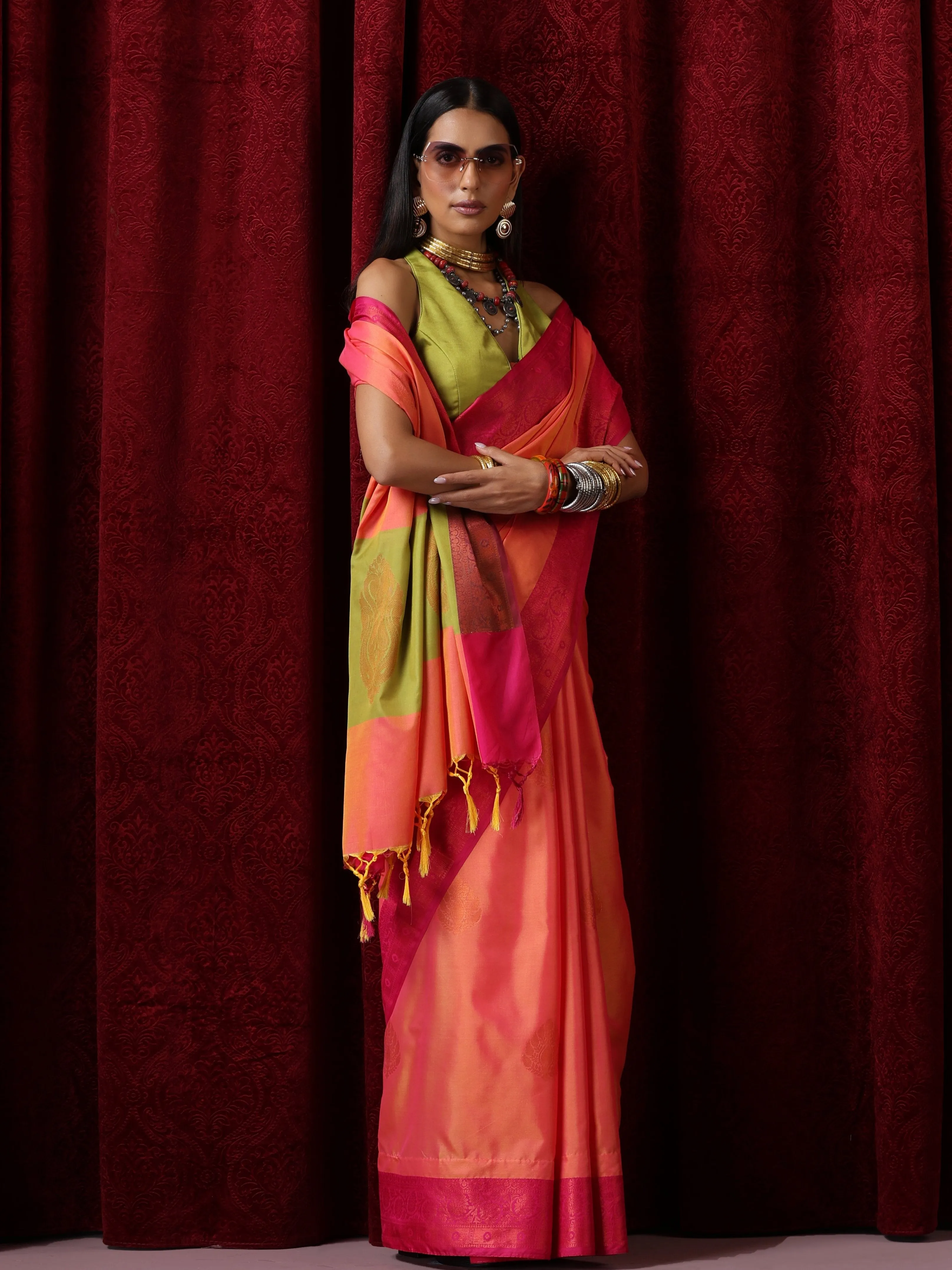 Orange Red Blended Soft Silk Saree with Blouse Fabric