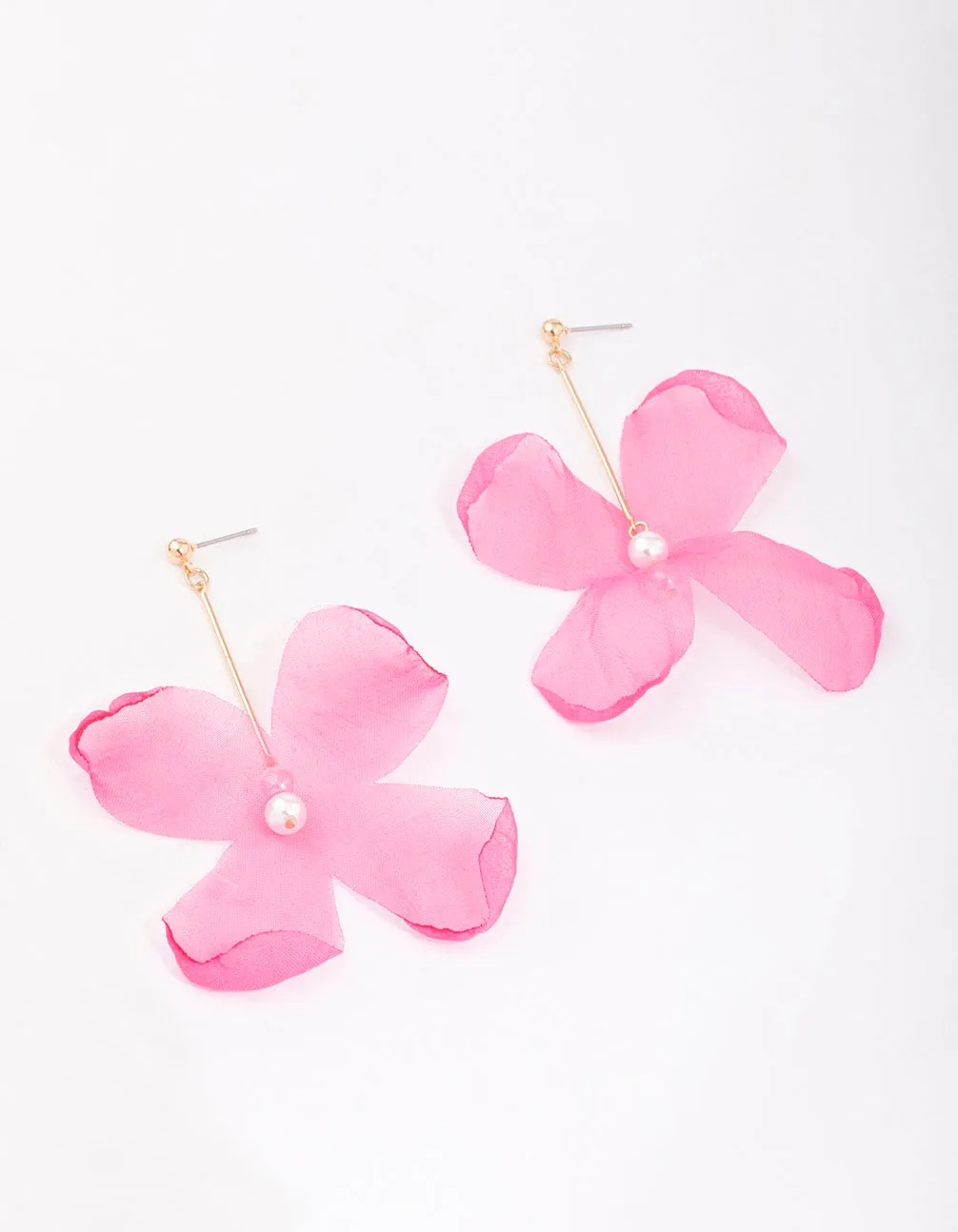 Pink Diamante & Pearl Fabric Flower Drop Earrings