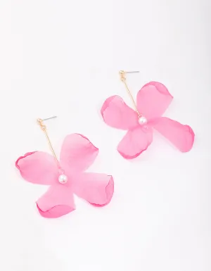 Pink Diamante & Pearl Fabric Flower Drop Earrings