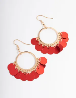 Red Open Circle Sequin Drop Earrings