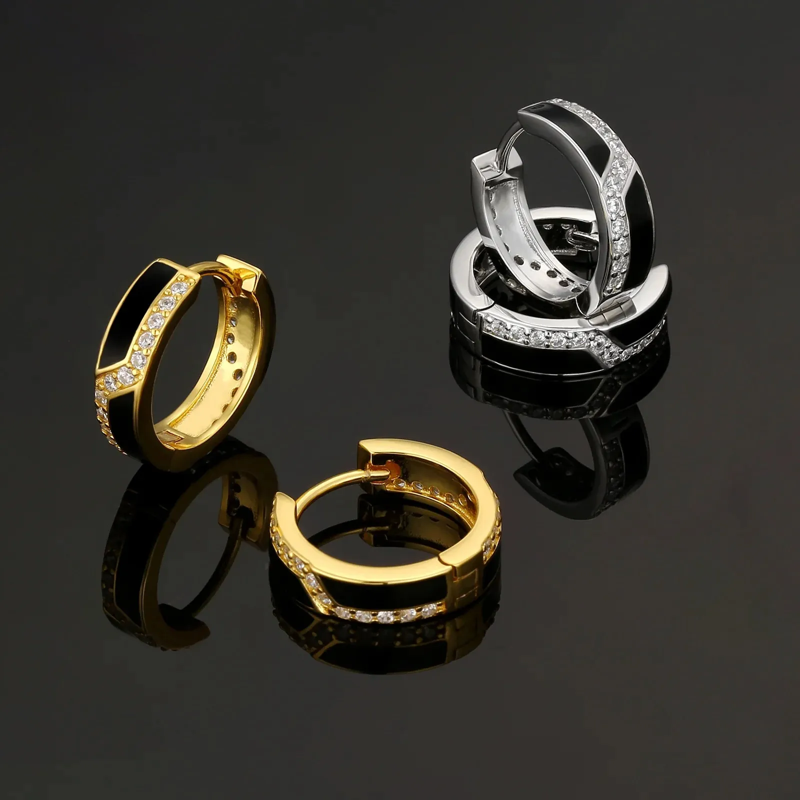 S925 Silver Iced Black Hoop Earrings in 14K Gold - 15mm