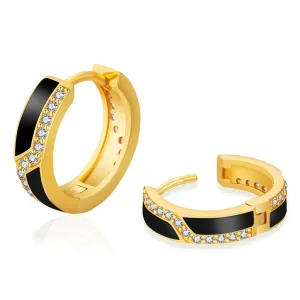 S925 Silver Iced Black Hoop Earrings in 14K Gold - 15mm