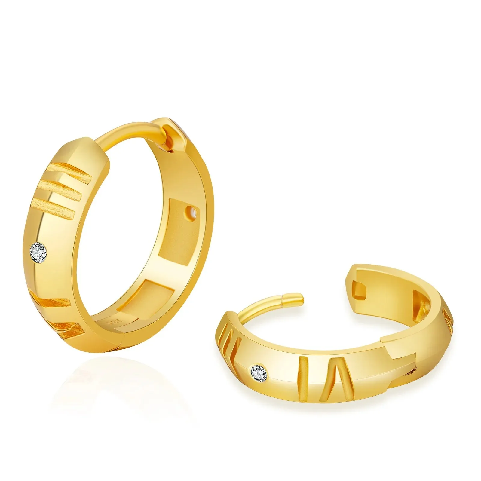 S925 Silver Roman Numerals Hoop Earrings for Men in 14K Gold - 15mm