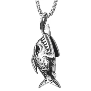 Shark Sharp Teeth Fish Skeleton Bone Pendant Necklace Steel Gothic Style, 30 inches Wheat Chain