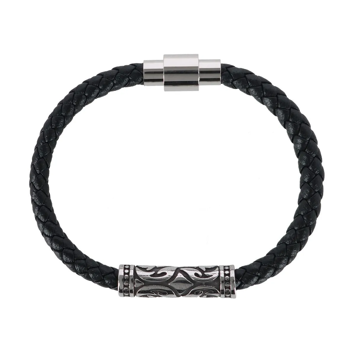 Silver Filigree Pattern on Black Leather Bracelet