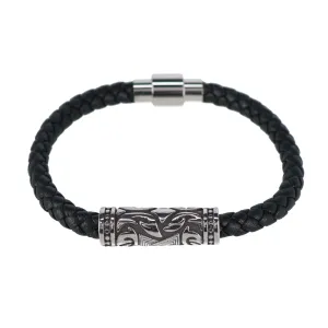 Silver Filigree Pattern on Black Leather Bracelet