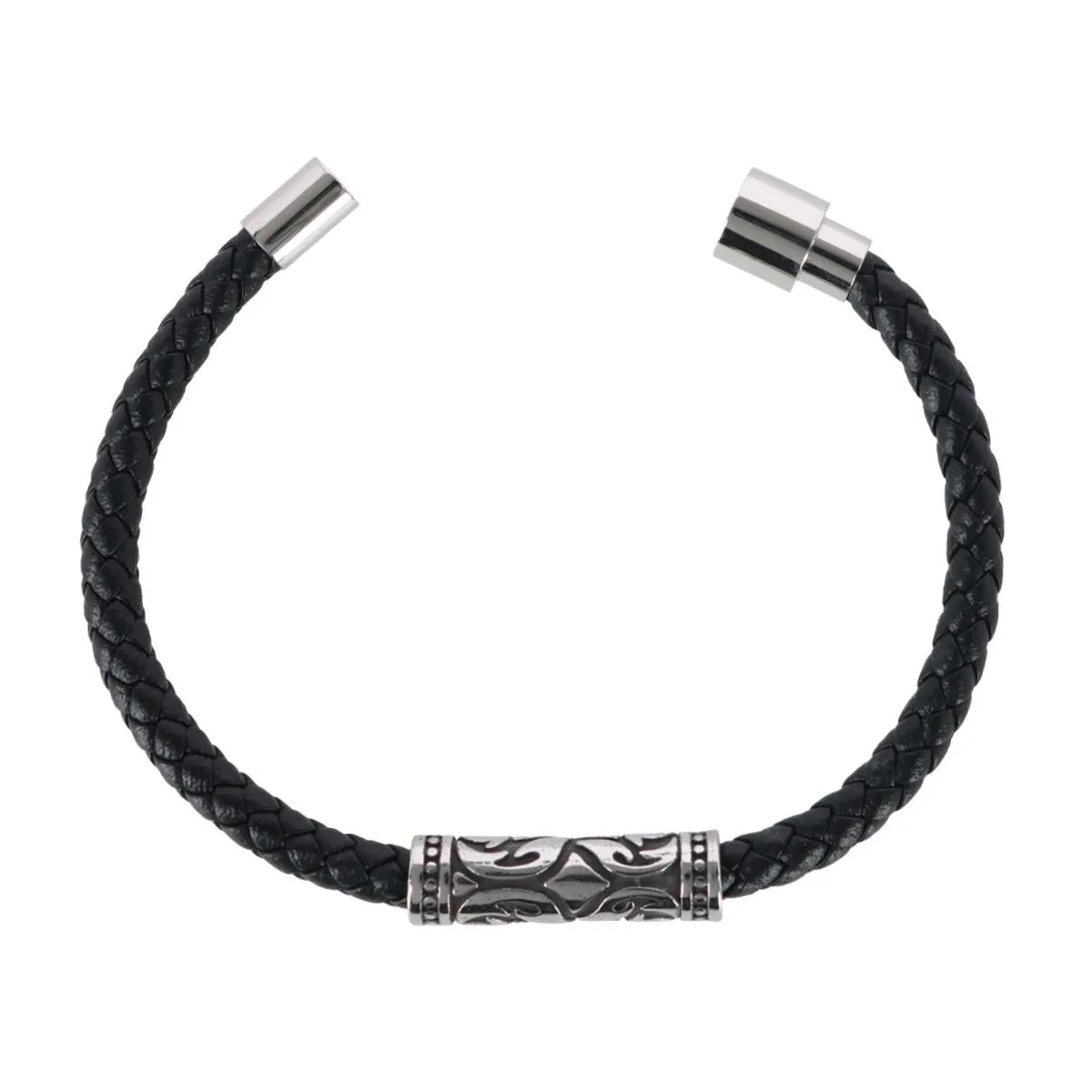 Silver Filigree Pattern on Black Leather Bracelet