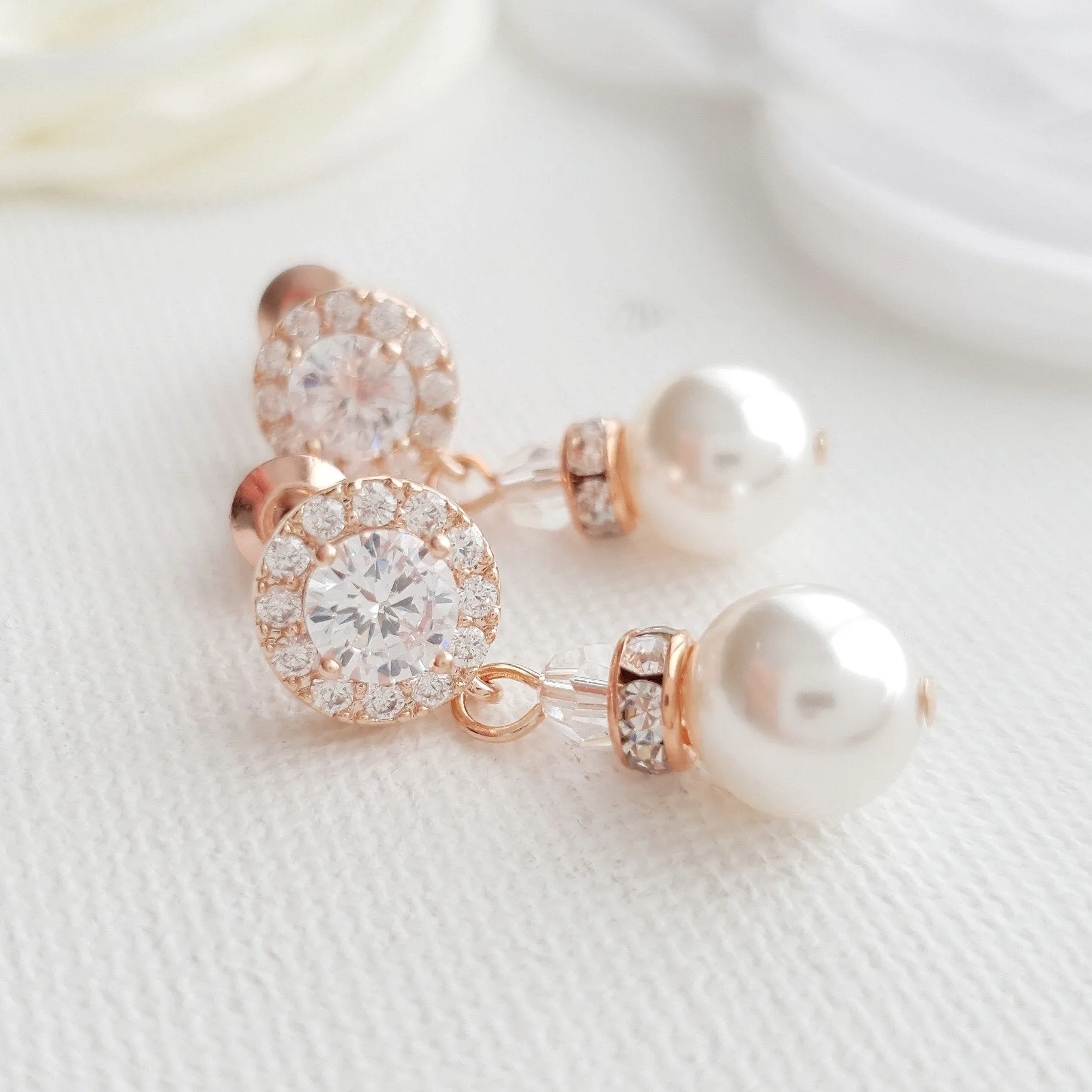 Simple Rose Gold Drop Pearl Earrings- Bronte