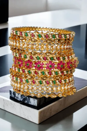 Tavisha Gold-Plated 11-Piece Floral Pearl Bangle Set (1 PC)