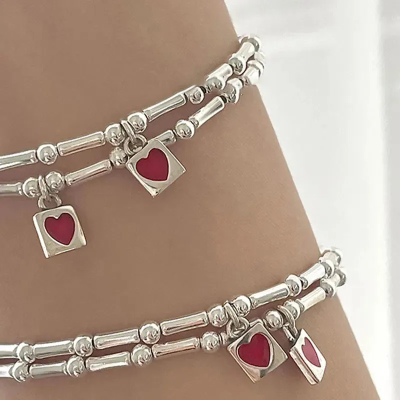 VAIGE Elegant Silver Bamboo Joint Red and Heart Accented Cuff Bracelet