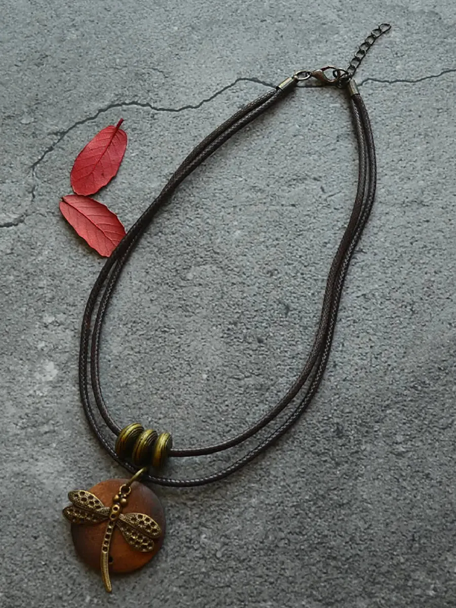 Women Alloy Dragonfly Wooden Necklace