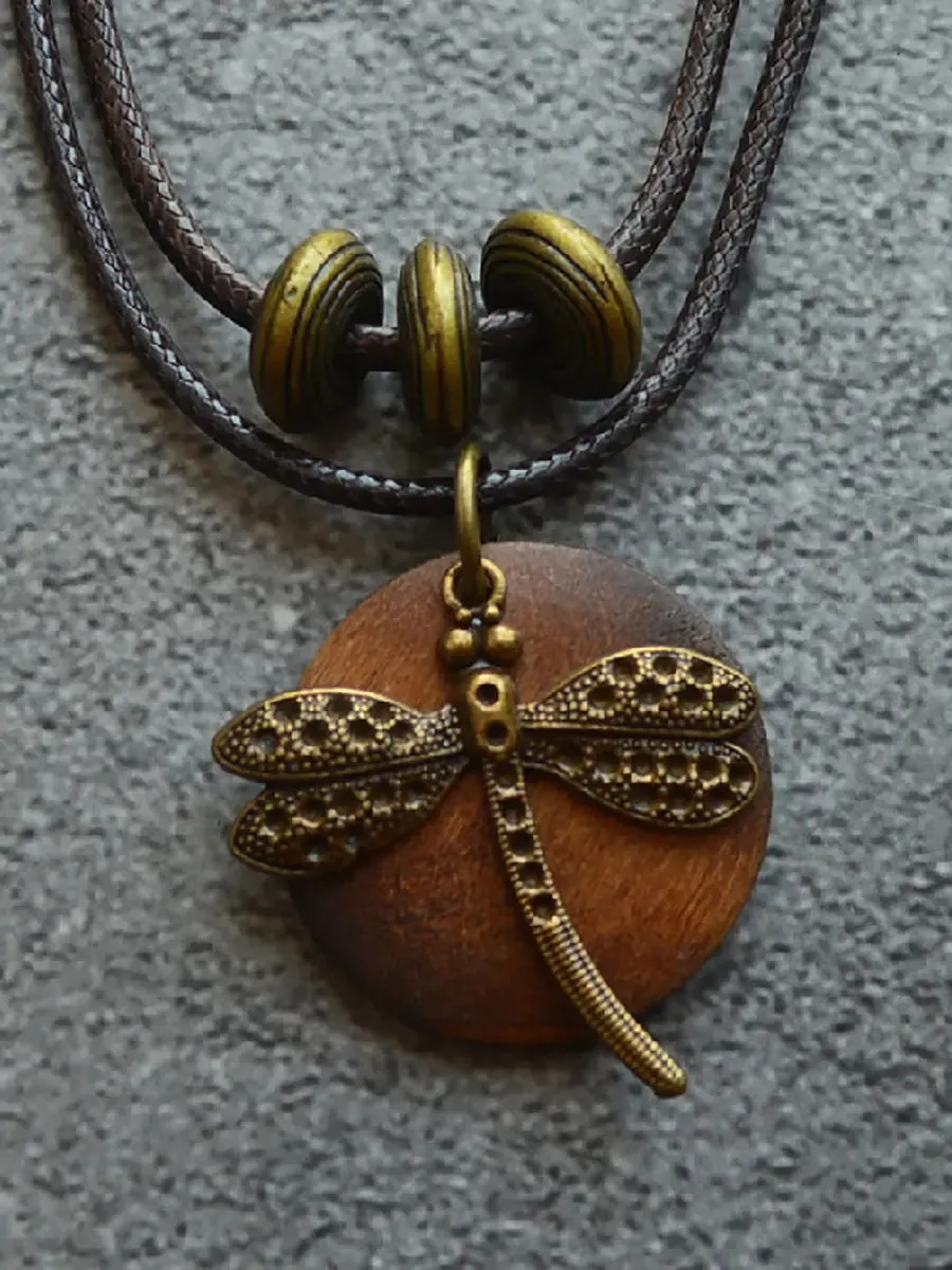 Women Alloy Dragonfly Wooden Necklace