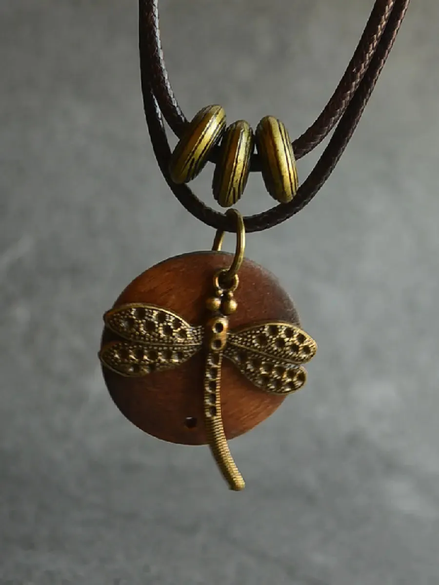 Women Alloy Dragonfly Wooden Necklace