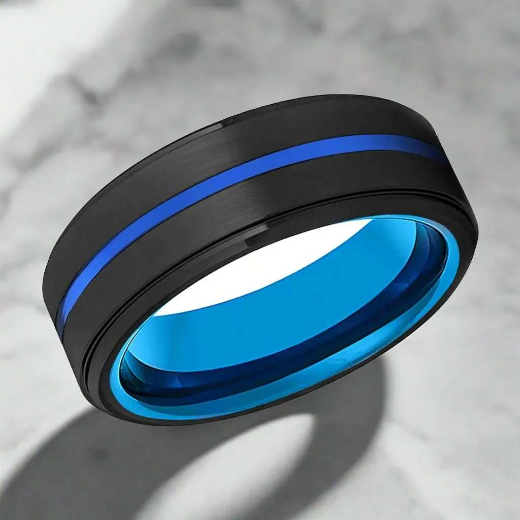 ZENVO | Blue Tungsten Ring, Black Tungsten Stepped Edge Blue Groove