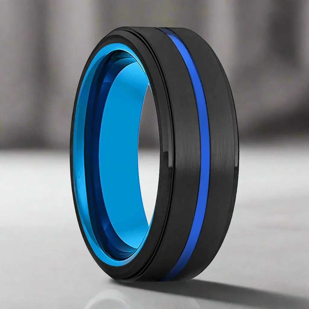 ZENVO | Blue Tungsten Ring, Black Tungsten Stepped Edge Blue Groove